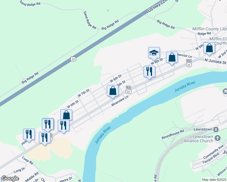 map of restaurants, bars, coffee shops, grocery stores, and more near 816 West 5th Street in Lewistown