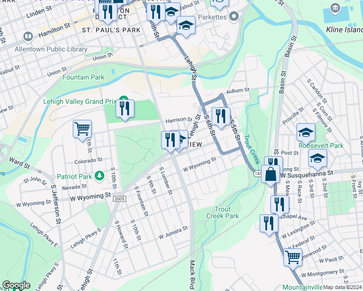 map of restaurants, bars, coffee shops, grocery stores, and more near 763 Lehigh Street in Allentown