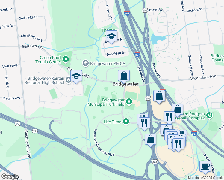 map of restaurants, bars, coffee shops, grocery stores, and more near 700 Garretson Road in Bridgewater Township