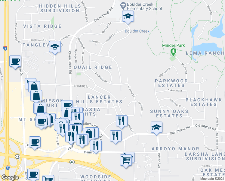 map of restaurants, bars, coffee shops, grocery stores, and more near 1059 Grouse Drive in Redding