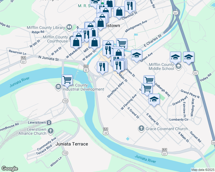 map of restaurants, bars, coffee shops, grocery stores, and more near 311 North Grand Street in Lewistown
