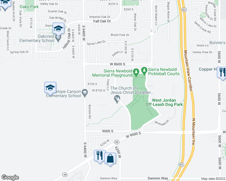 map of restaurants, bars, coffee shops, grocery stores, and more near 8758 Duck Ridge Way in West Jordan