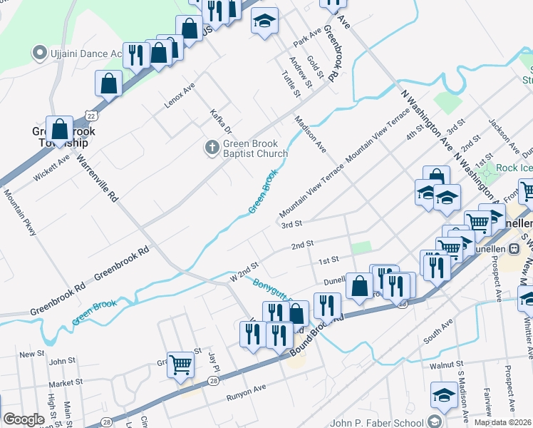map of restaurants, bars, coffee shops, grocery stores, and more near 576 Mountain View Terrace in Dunellen