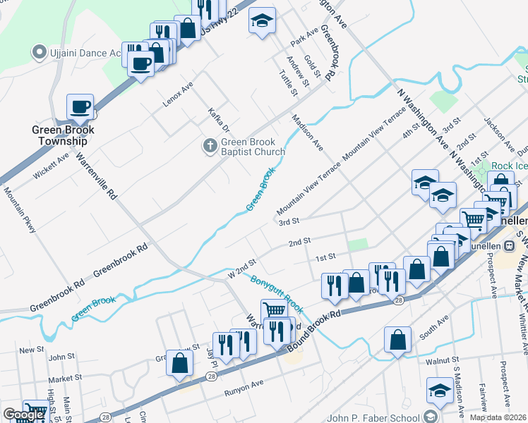map of restaurants, bars, coffee shops, grocery stores, and more near 576 Mountain View Terrace in Dunellen