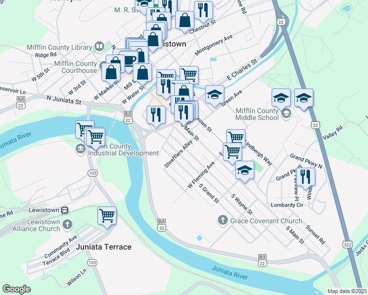map of restaurants, bars, coffee shops, grocery stores, and more near 398 S Wayne St in Lewistown
