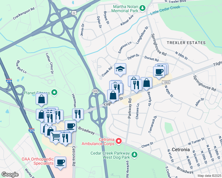 map of restaurants, bars, coffee shops, grocery stores, and more near 4273 Heather Court in Allentown
