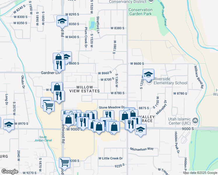 map of restaurants, bars, coffee shops, grocery stores, and more near 8746 South 1405 West in West Jordan