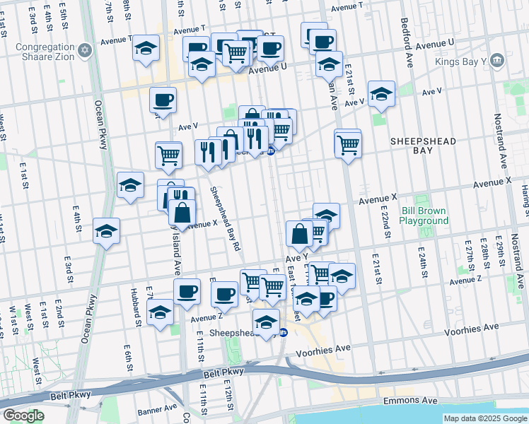 map of restaurants, bars, coffee shops, grocery stores, and more near 2349 East 14th Street in Brooklyn