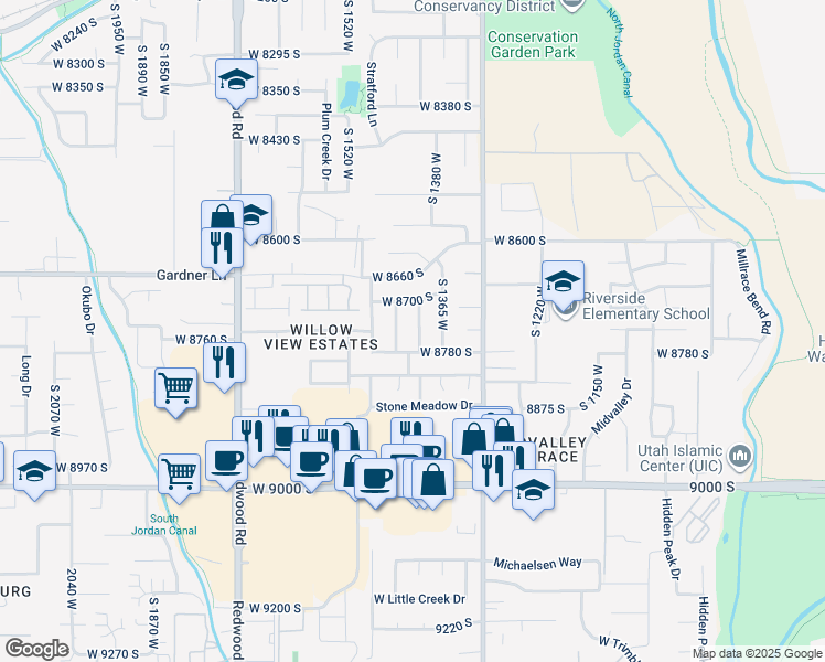 map of restaurants, bars, coffee shops, grocery stores, and more near 8746 South 1405 West in West Jordan