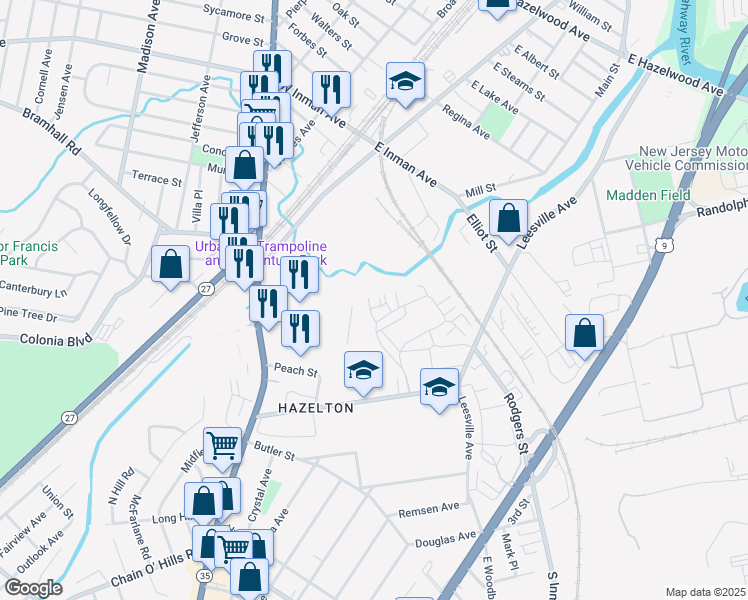 map of restaurants, bars, coffee shops, grocery stores, and more near 802 West Village Drive in Woodbridge Township