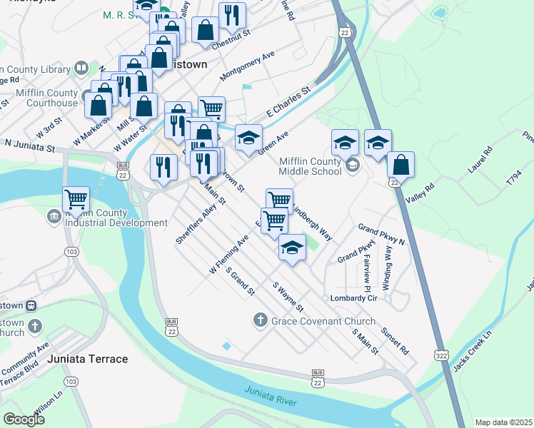 map of restaurants, bars, coffee shops, grocery stores, and more near 453 S Brown St in Lewistown