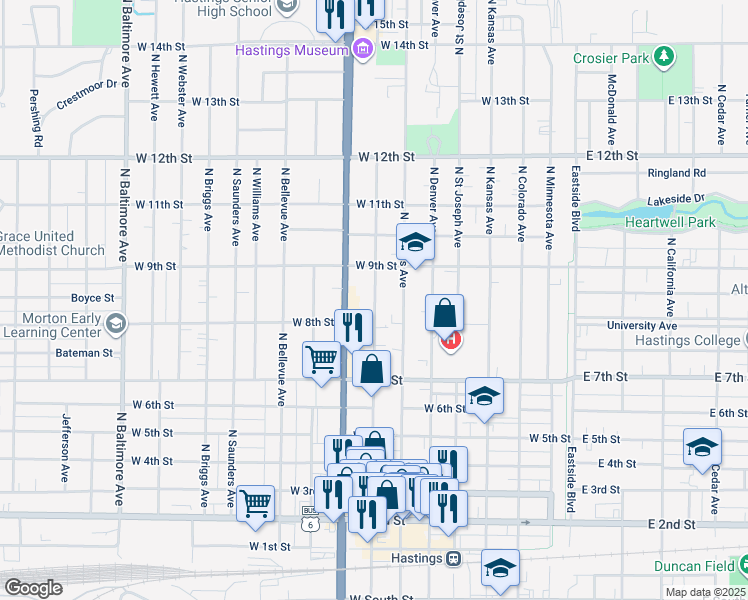 map of restaurants, bars, coffee shops, grocery stores, and more near 823 North Lincoln Avenue in Hastings