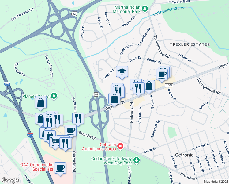 map of restaurants, bars, coffee shops, grocery stores, and more near 4273 Heather Court in Allentown