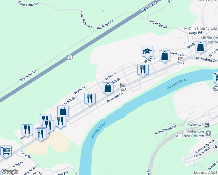 map of restaurants, bars, coffee shops, grocery stores, and more near 814 West 5th Street in Lewistown