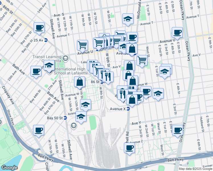 map of restaurants, bars, coffee shops, grocery stores, and more near 2279 West 7th Street in Brooklyn