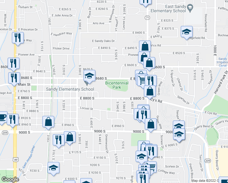 map of restaurants, bars, coffee shops, grocery stores, and more near 8765 South 500 East in Sandy