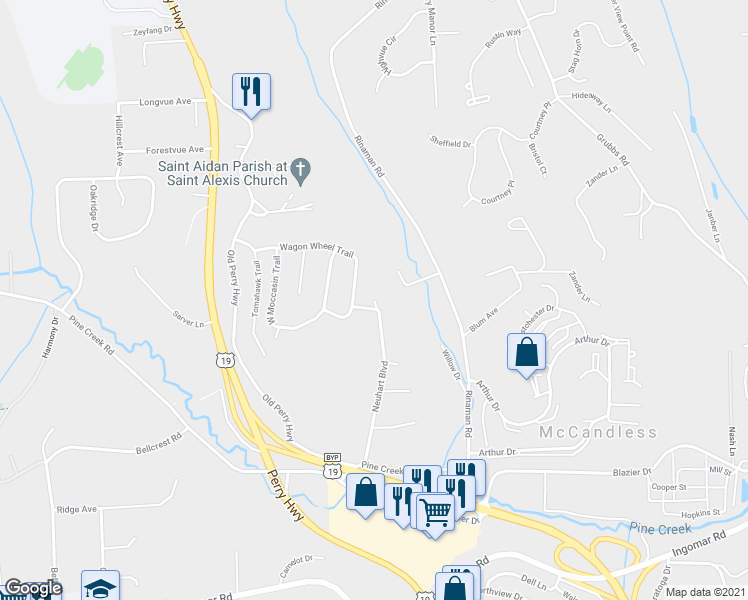 map of restaurants, bars, coffee shops, grocery stores, and more near 15212 Neuhart Boulevard in Wexford