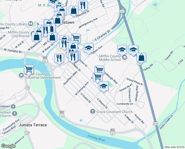 map of restaurants, bars, coffee shops, grocery stores, and more near 444 South Brown Street in Lewistown