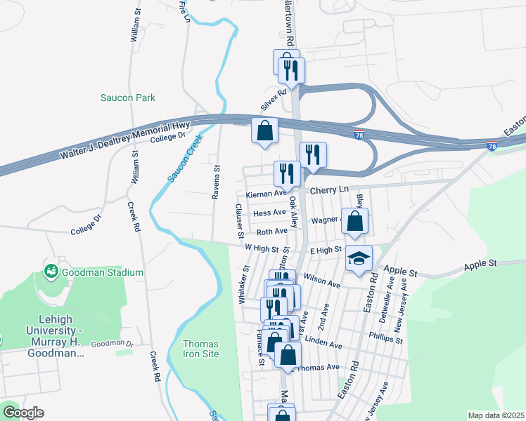 map of restaurants, bars, coffee shops, grocery stores, and more near 65 Hess Avenue in Hellertown