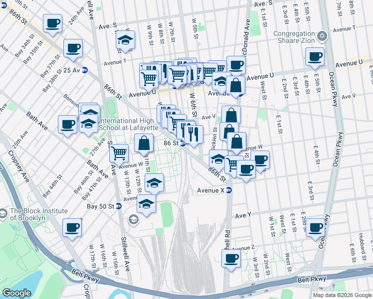 map of restaurants, bars, coffee shops, grocery stores, and more near 2278 West 7th Street in Brooklyn