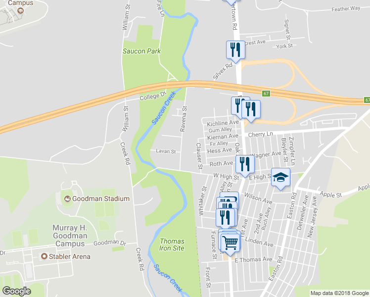 map of restaurants, bars, coffee shops, grocery stores, and more near 1531 Ravena Street in Bethlehem