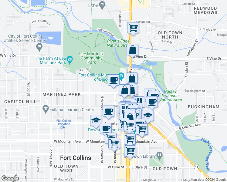 map of restaurants, bars, coffee shops, grocery stores, and more near 405 Mason Court in Fort Collins