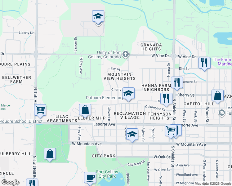 map of restaurants, bars, coffee shops, grocery stores, and more near 401 North Roosevelt Avenue in Fort Collins