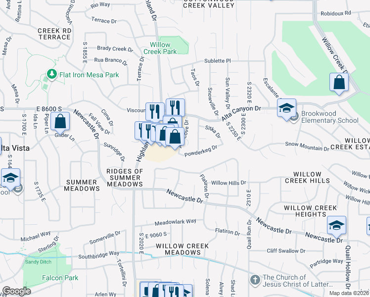 map of restaurants, bars, coffee shops, grocery stores, and more near 2143 Alta Cove Circle in Sandy