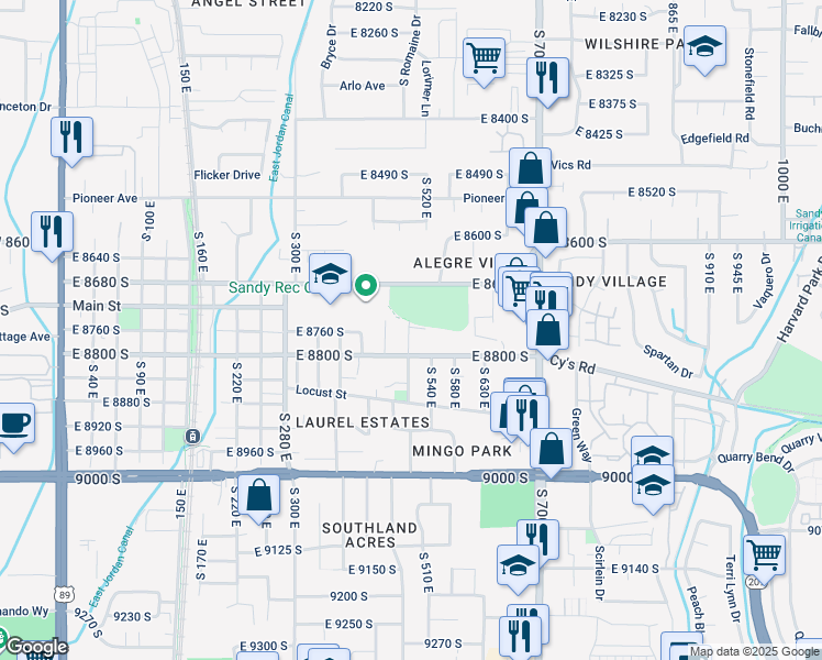 map of restaurants, bars, coffee shops, grocery stores, and more near 8749 South 450 East in Sandy