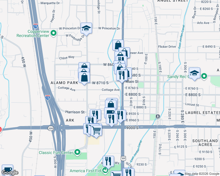 map of restaurants, bars, coffee shops, grocery stores, and more near 47 West 8710 South in Sandy