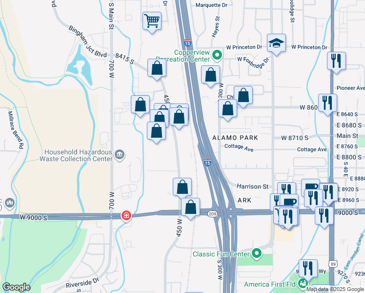 map of restaurants, bars, coffee shops, grocery stores, and more near 8715 Sandy Parkway in Sandy
