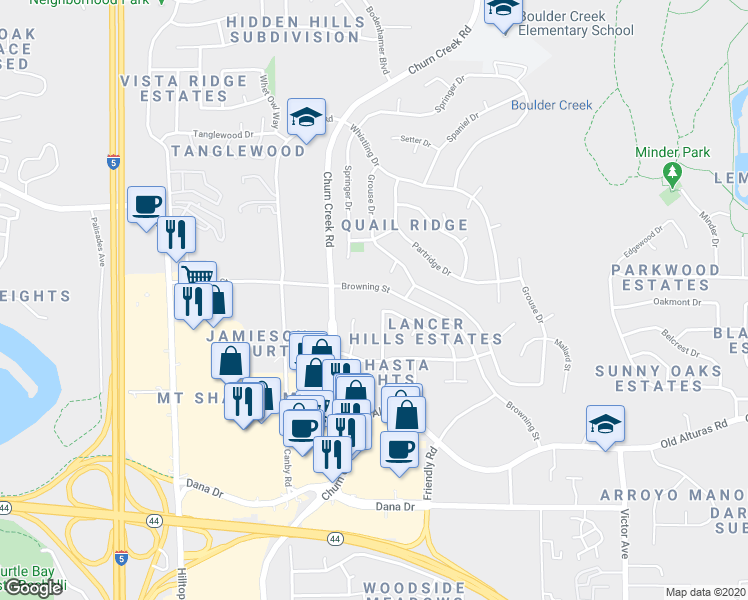 map of restaurants, bars, coffee shops, grocery stores, and more near 1279 Grouse Court in Redding