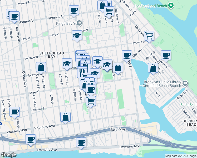 map of restaurants, bars, coffee shops, grocery stores, and more near 2974 Avenue X in Brooklyn