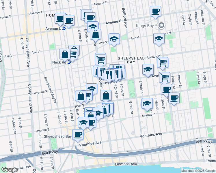 map of restaurants, bars, coffee shops, grocery stores, and more near 2123 Avenue X in Brooklyn