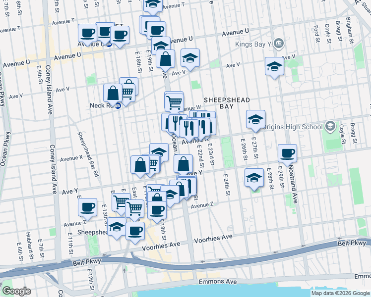 map of restaurants, bars, coffee shops, grocery stores, and more near 2810 Ocean Avenue in Brooklyn