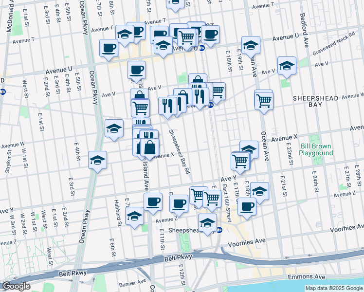 map of restaurants, bars, coffee shops, grocery stores, and more near 2340 East 13th Street in Brooklyn