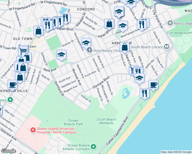 map of restaurants, bars, coffee shops, grocery stores, and more near 154 Foch Avenue in Staten Island