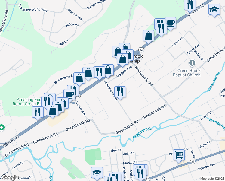 map of restaurants, bars, coffee shops, grocery stores, and more near 142 Mountain Parkway in Green Brook Township