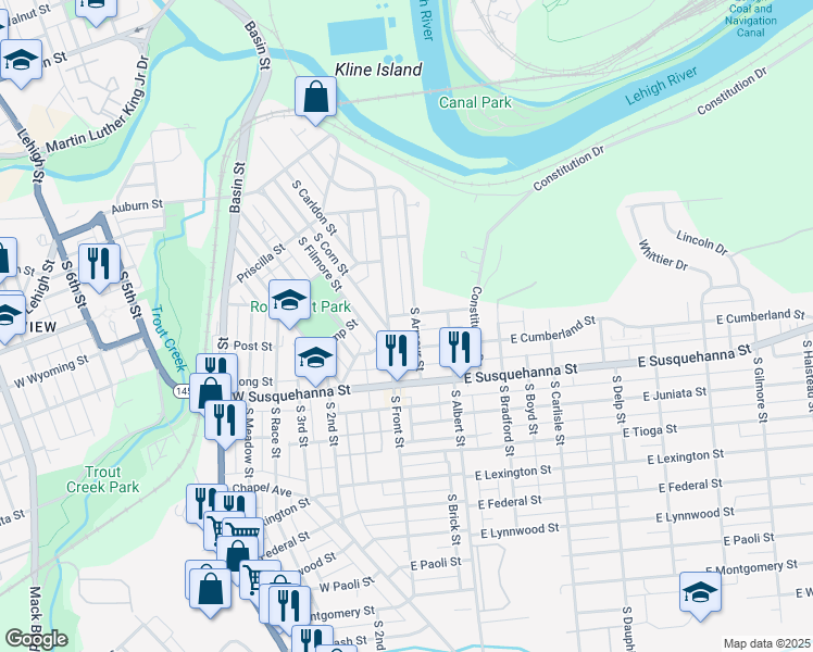 map of restaurants, bars, coffee shops, grocery stores, and more near 953 South Front Street in Allentown