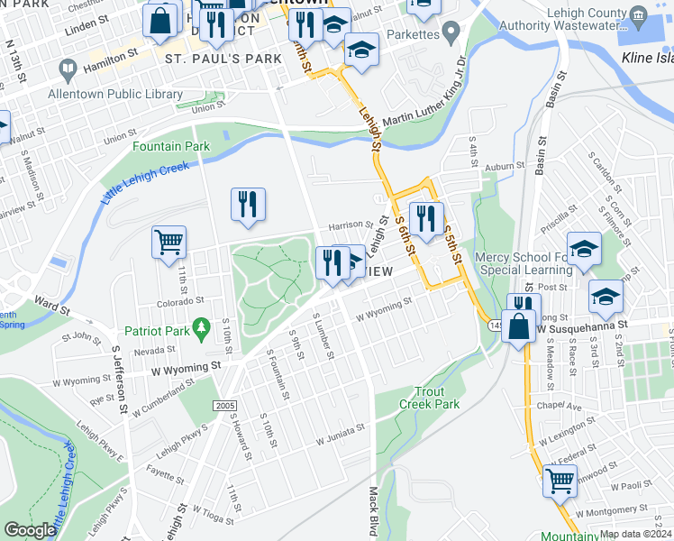map of restaurants, bars, coffee shops, grocery stores, and more near 729 State Route 2055 in Allentown