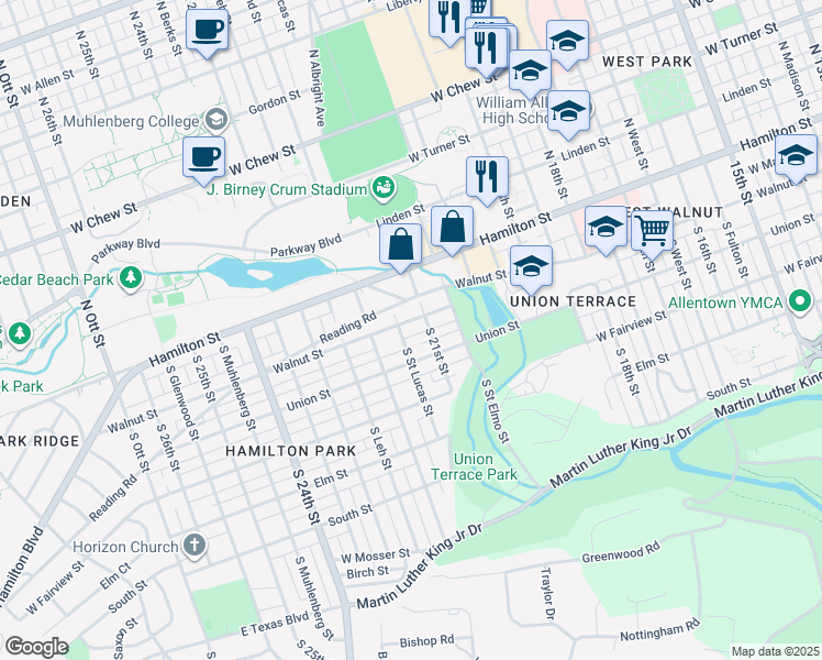 map of restaurants, bars, coffee shops, grocery stores, and more near 2122 Reading Road in Allentown