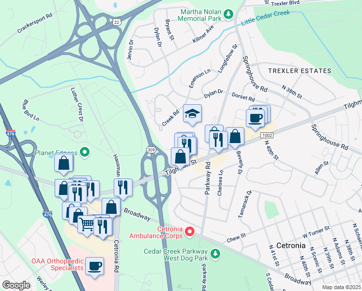 map of restaurants, bars, coffee shops, grocery stores, and more near 4273 Heather Court in Allentown
