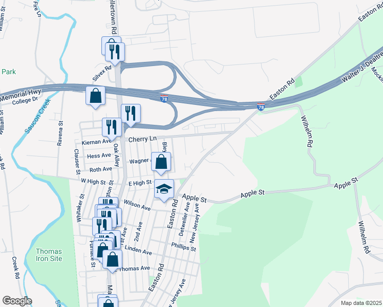 map of restaurants, bars, coffee shops, grocery stores, and more near 1649 Ilona Drive in Hellertown