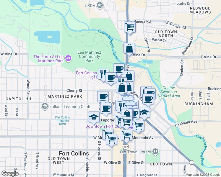 map of restaurants, bars, coffee shops, grocery stores, and more near 401 Mason Court in Fort Collins