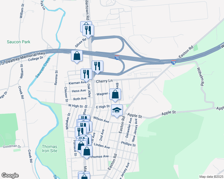 map of restaurants, bars, coffee shops, grocery stores, and more near 1619 Riegel Street in Hellertown