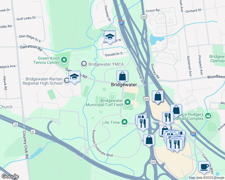 map of restaurants, bars, coffee shops, grocery stores, and more near 700 Garretson Road in Bridgewater Township