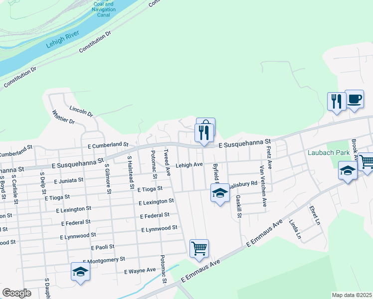 map of restaurants, bars, coffee shops, grocery stores, and more near 1018 East Susquehanna Street in Allentown