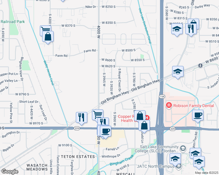 map of restaurants, bars, coffee shops, grocery stores, and more near 3931 Dansere Circle in West Jordan