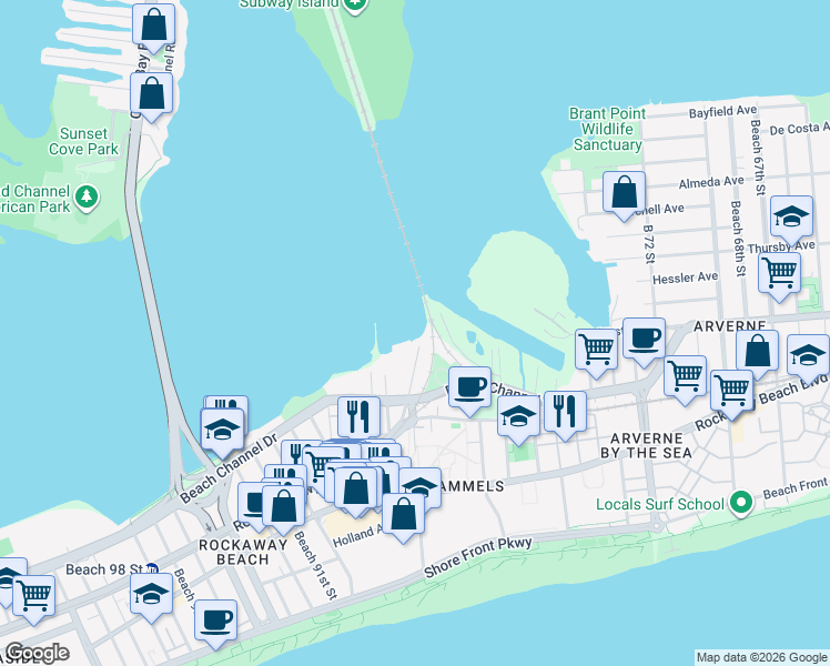 map of restaurants, bars, coffee shops, grocery stores, and more near 1 Beach 84th Street in Queens