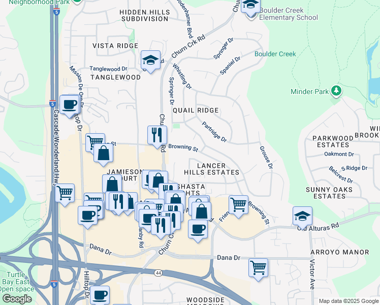 map of restaurants, bars, coffee shops, grocery stores, and more near 1096 Burton Drive in Redding
